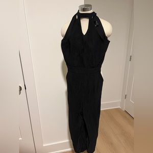 Deep navy blue romper - cropped pants, halter neck with tie bow on side